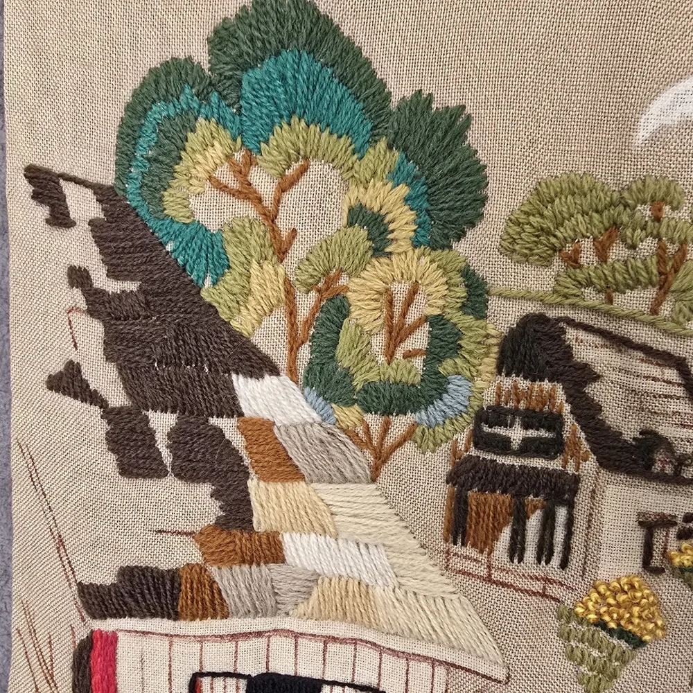 Vintage Wall Hanging Hand Embroidered Farm, Floral and Mill Scene 1960’s